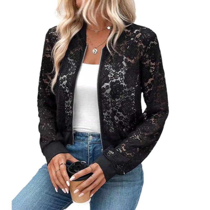 Elegant Women's Jacquard Lace Zipper Short Jacket - Image 5