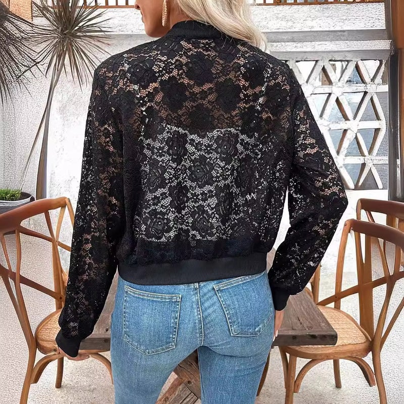 Elegant Women's Jacquard Lace Zipper Short Jacket - Image 2