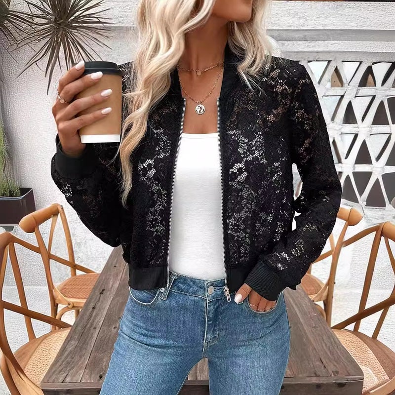 Elegant Women's Jacquard Lace Zipper Short Jacket - Image 1