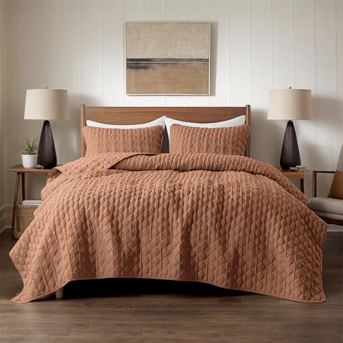 WDCOZY Burnt Orange Quilt King Size Bedding Sets with 2 Pillow Shams Red Lightweight Soft Bedspread Coverlet Quilted Blanket Thin Comforter Bed Cover for All Season 3 Pieces 104x90 inches - Image 3