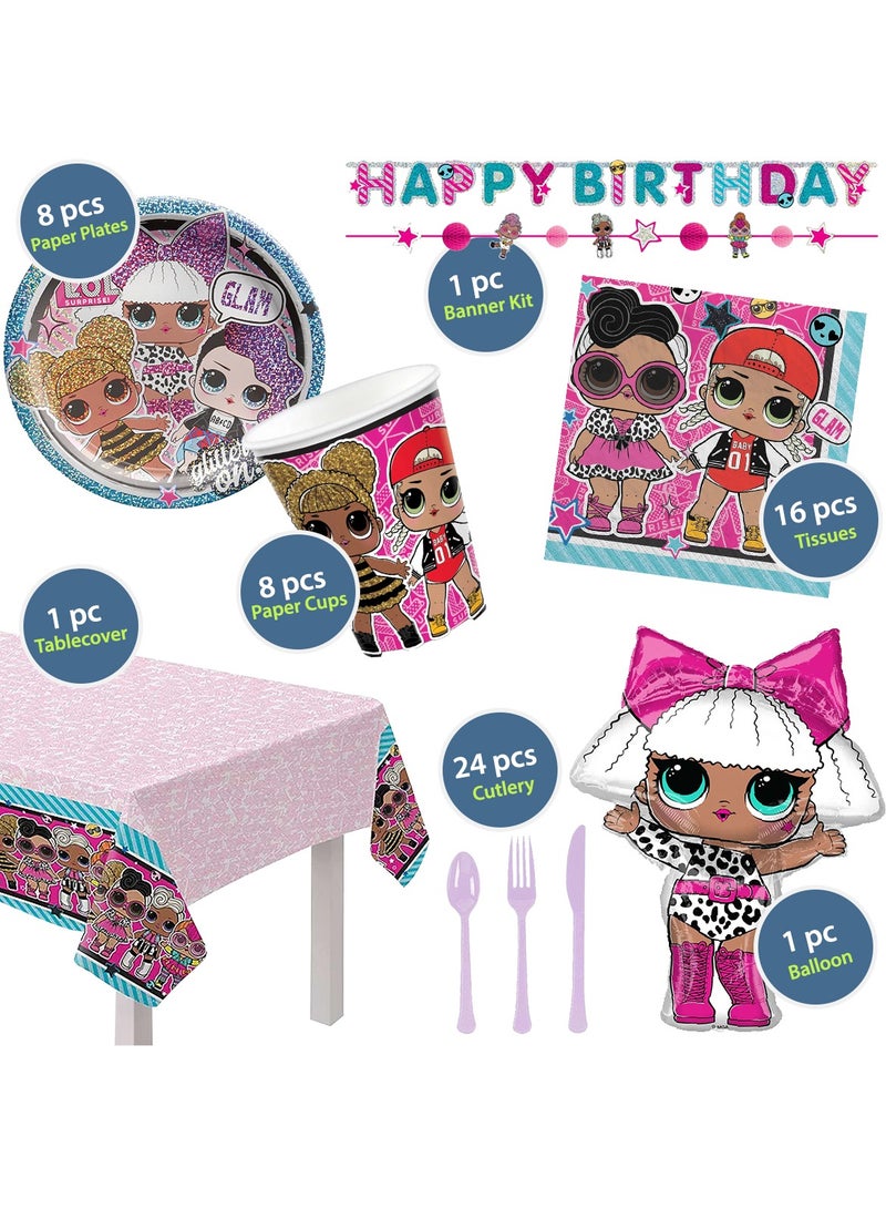 Amscan مجموعة أدوات المائدة للحفلات من Lol Surprise، مكونة من 59 قطعة، تتضمن مناديل وأطباق وأكواب وأدوات مائدة وغطاء طاولة ولافتة وبالونات، متعددة الألوان، لـ 8 ضيوف - Image 3