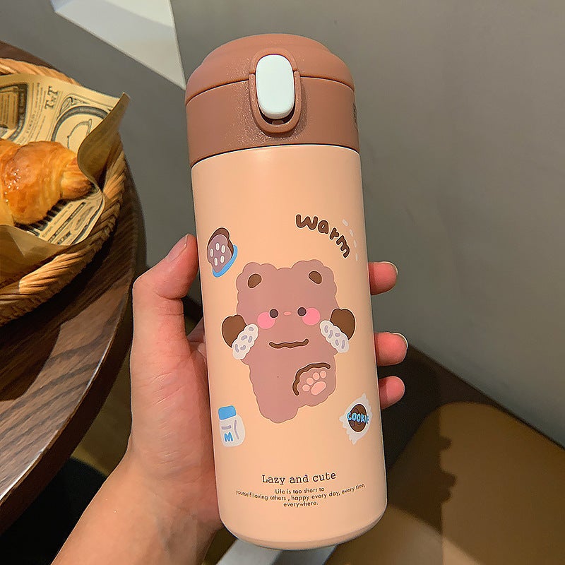 Cartoon vacuum cup with straw cute student winter water Cup Portable leak-proof lock High-looking stainless steel cup Brown