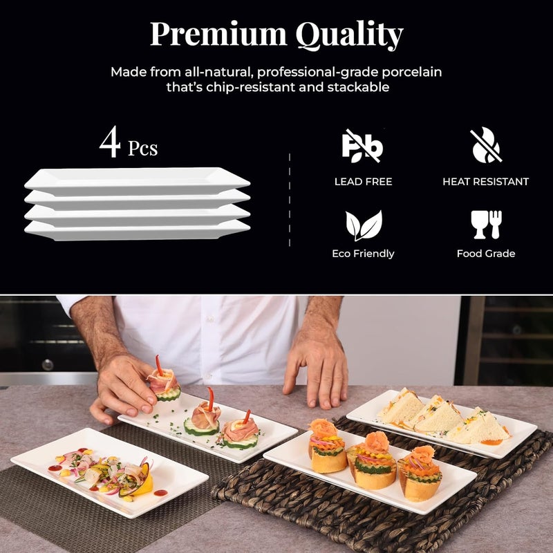 Furmaware 97 Rectangle Serving Plates Ideal for Serving Your Favorite Platter Sized Perfectly for Appetizer Sushi Tapas Taco Dessert Platters Raised Lip White Porcelain Tray  Set of 4 - Image 4