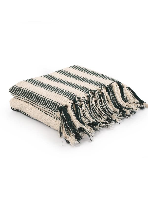 SASHAA WORLD Striped Throw Medium with Tasselled Edges |Throw for Living Room, Bedroom, Sofa & Chair |Bottle Green Throw Blanket | 180 x130 cm - Image 2