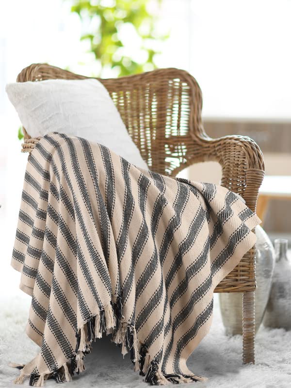 SASHAA WORLD Striped Throw Medium with Tasselled Edges |Throw for Living Room, Bedroom, Sofa & Chair |Bottle Green Throw Blanket | 180 x130 cm - Image 1