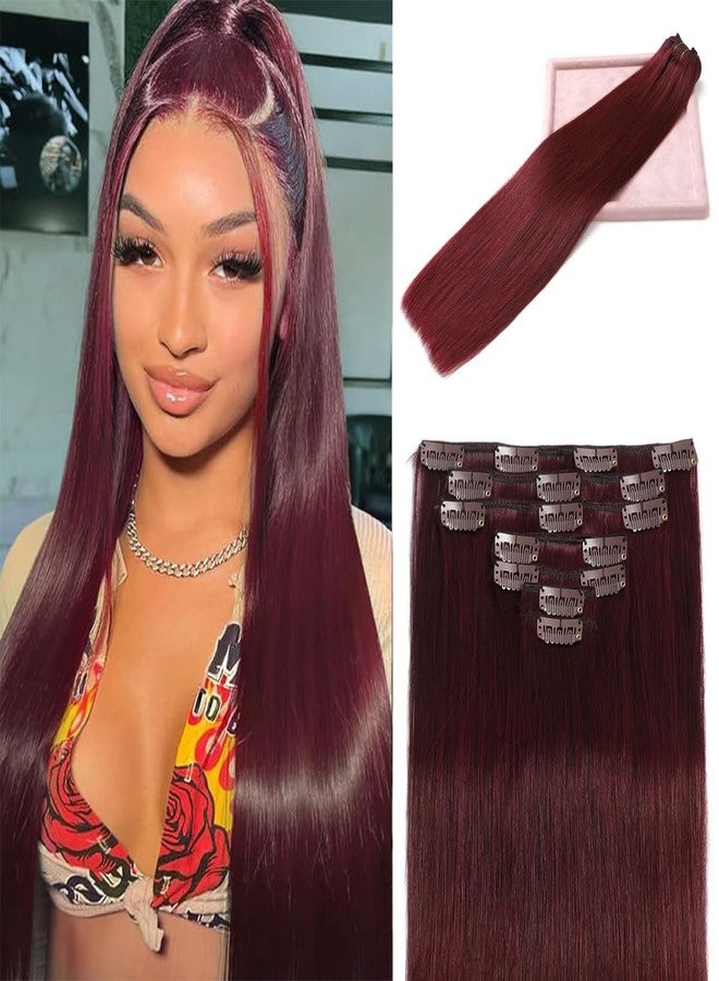 LORIEN Clip in Hair Extensions Real Human Hair, Clip in 100% Brazilian Remy Human Hair Extensions 8pcs Per Set with 18 Clips Double Weft, 18 Inch 100g, 99J Burgundy - Image 1