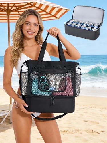 BAGSMART Beach Bag for Women Mesh Tote Bags with Zipper Sandproof Vacation Essentials with Cooler for Swim Cruise Pool Black - Image 3