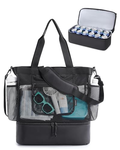BAGSMART Beach Bag for Women Mesh Tote Bags with Zipper Sandproof Vacation Essentials with Cooler for Swim Cruise Pool Black - Image 1