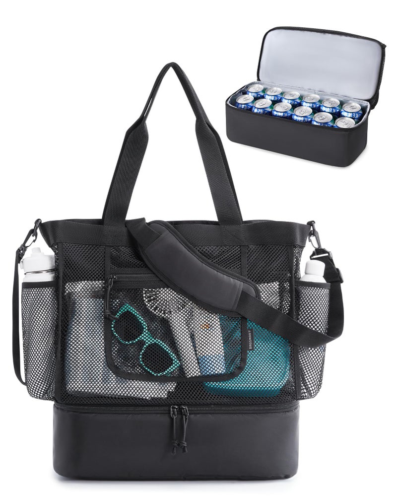 BAGSMART Beach Bag for Women Mesh Tote Bags with Zipper Sandproof Vacation Essentials with Cooler for Swim Cruise Pool Black - Image 2