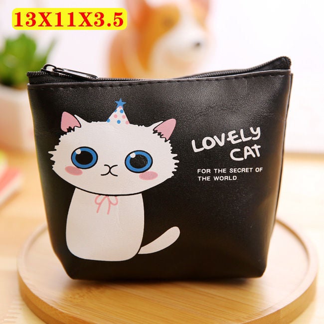 Korean Cartoon Zip Coin Purse Cute Key Wallet White cat on black background