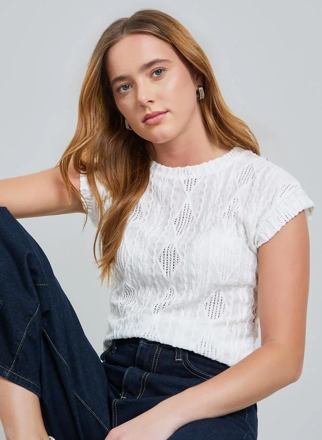 Take Two White Textured Round Neck Short Sleeve Top