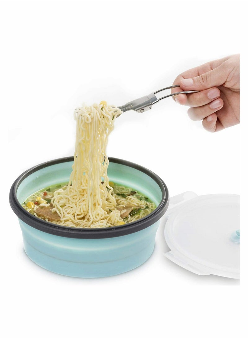 SYOSI - Collapsible Silicone Bowl Camping Bowl With Lid And Foldable Stainless Steel Fork For Travel Microvave And Fridge Food Storage Bowl 1200ML - Image 1