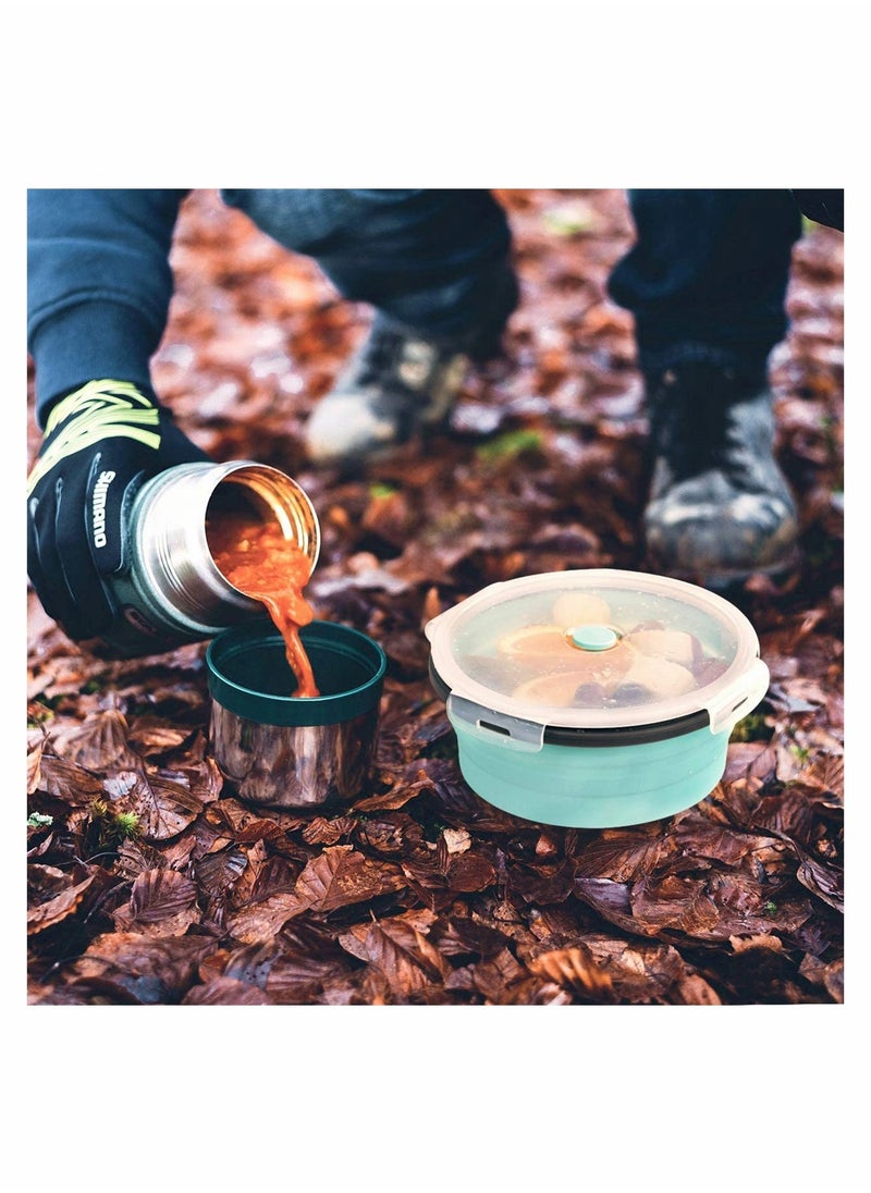 SYOSI - Collapsible Silicone Bowl Camping Bowl With Lid And Foldable Stainless Steel Fork For Travel Microvave And Fridge Food Storage Bowl 1200ML - Image 1