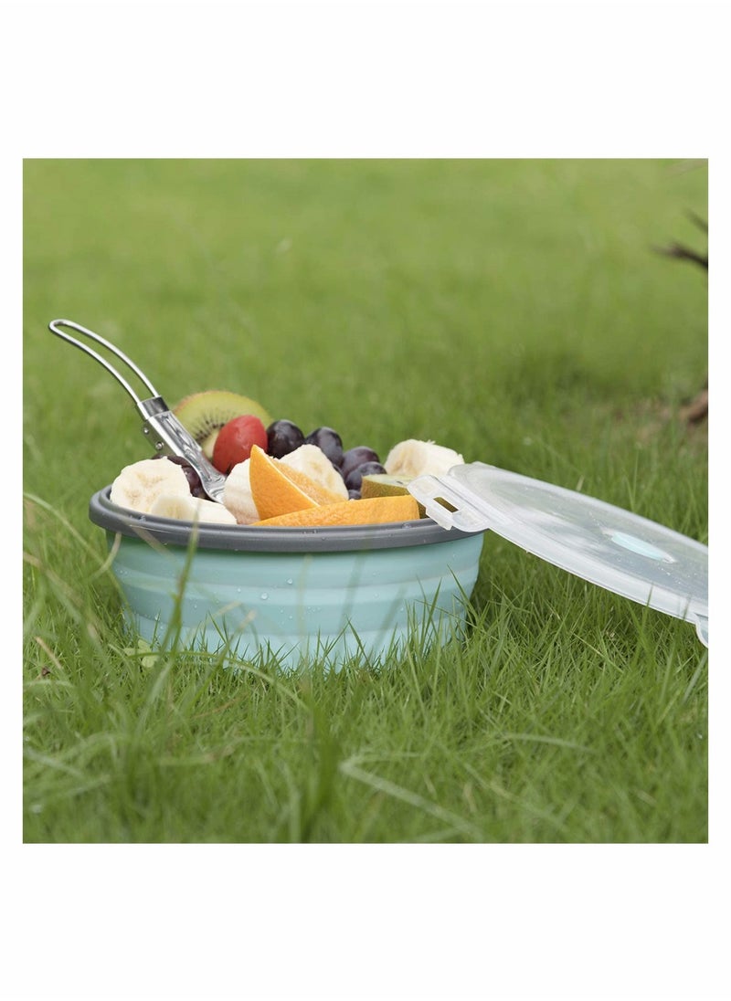 SYOSI - Collapsible Silicone Bowl Camping Bowl With Lid And Foldable Stainless Steel Fork For Travel Microvave And Fridge Food Storage Bowl 1200ML - Image 1