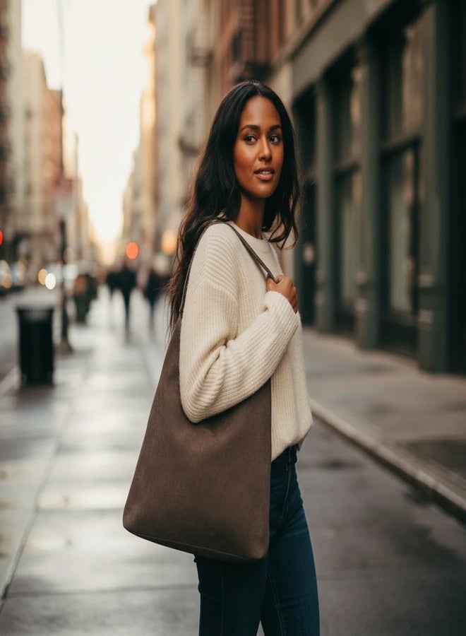 GLOSSY Women's Suede Hobo Bag | Brown | Single Shoulder Strap | Magnetic Closure - Image 2
