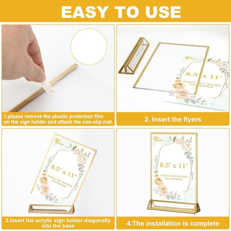 EHWINE 10 Pack 8.5×11 Clear Acrylic Sign Holder with Gold Borders and Vertical Stand, Double Sided Table Menu Holders Picture Frames for Wedding Table Numbers, Restaurant Signs, Photos and Art Display - Image 5