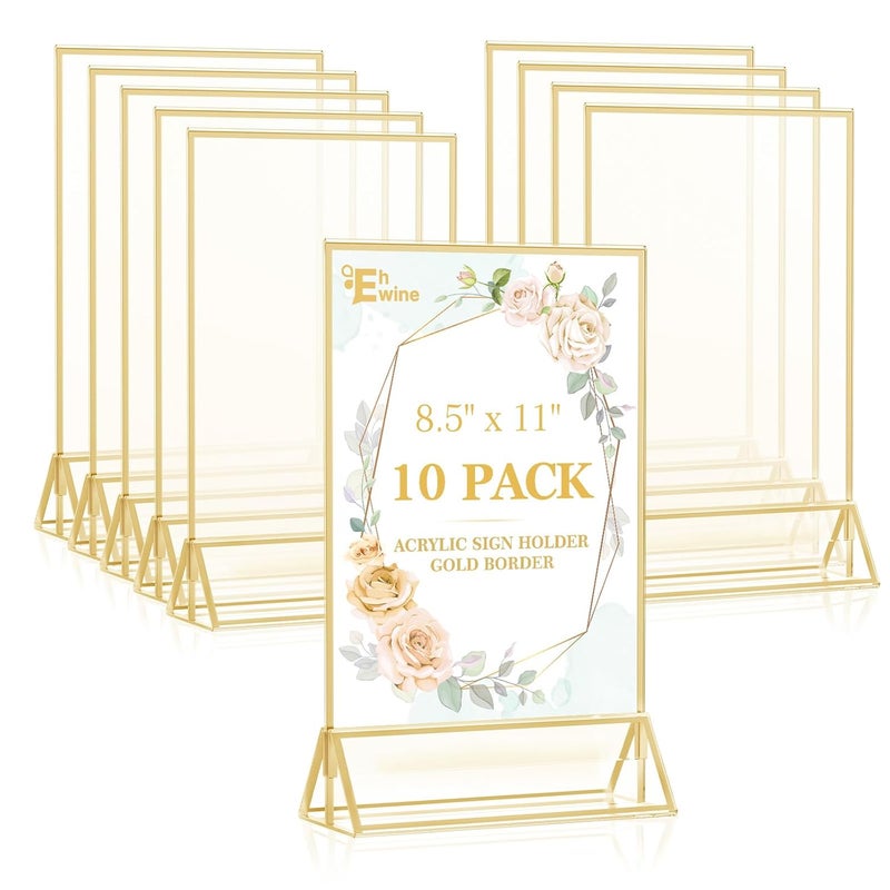 EHWINE 10 Pack 8.5×11 Clear Acrylic Sign Holder with Gold Borders and Vertical Stand, Double Sided Table Menu Holders Picture Frames for Wedding Table Numbers, Restaurant Signs, Photos and Art Display - Image 1
