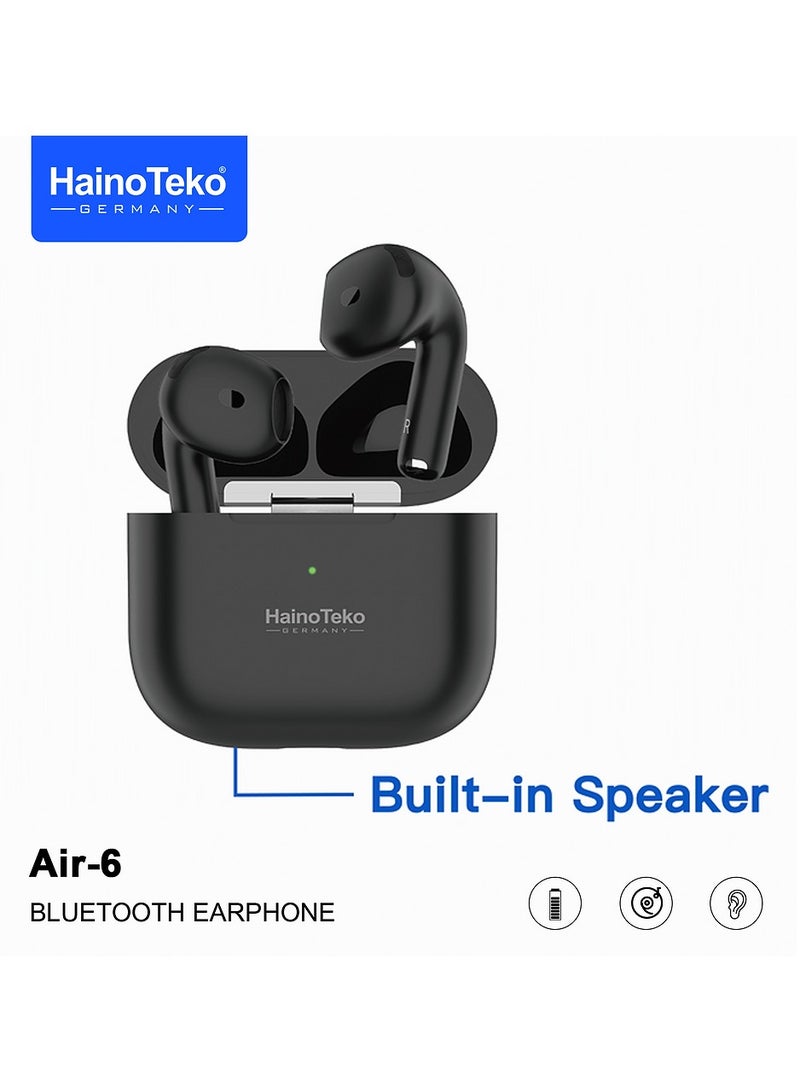 Haino Teko Air-6 Bluetooth Earphones With Built-in Speaker Multi Functional Touch Control and Microphone Compatible With iPhones and iPads Black - Image 1