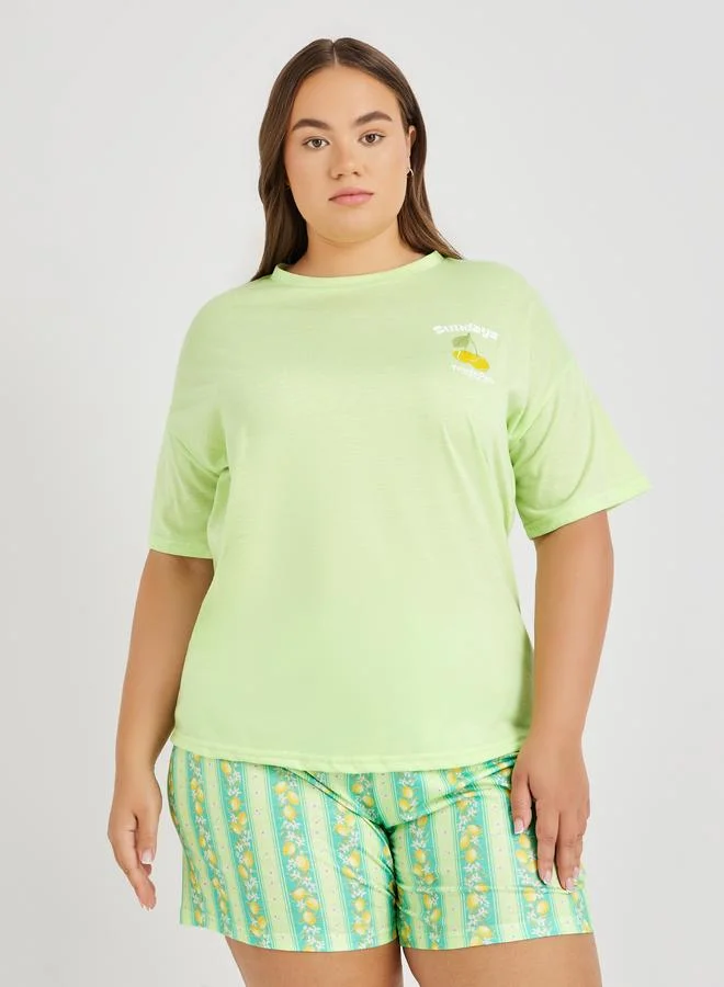 Styli Styli Plus Size Lemon Print Dropped Shoulder T-Shirt and Shorts Set