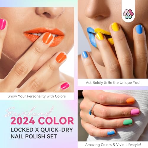 SAVILAND Quick Dry Nail Polish Set 14 Pcs Neon Summer Nail Polish Fast Dry Hot Pink Red Glitter Nail Polish Regular Fingernail Polish Non Gel with BaseTop Polish for Manicure Nail Art - Image 3