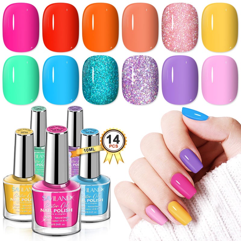 SAVILAND Quick Dry Nail Polish Set 14 Pcs Neon Summer Nail Polish Fast Dry Hot Pink Red Glitter Nail Polish Regular Fingernail Polish Non Gel with BaseTop Polish for Manicure Nail Art - Image 2