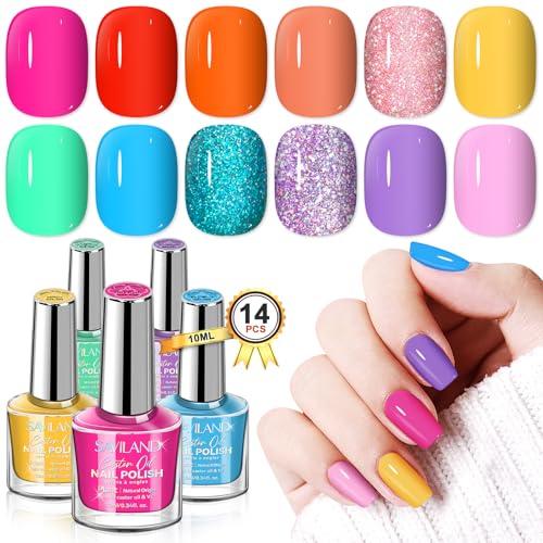 SAVILAND Quick Dry Nail Polish Set 14 Pcs Neon Summer Nail Polish Fast Dry Hot Pink Red Glitter Nail Polish Regular Fingernail Polish Non Gel with BaseTop Polish for Manicure Nail Art - Image 1