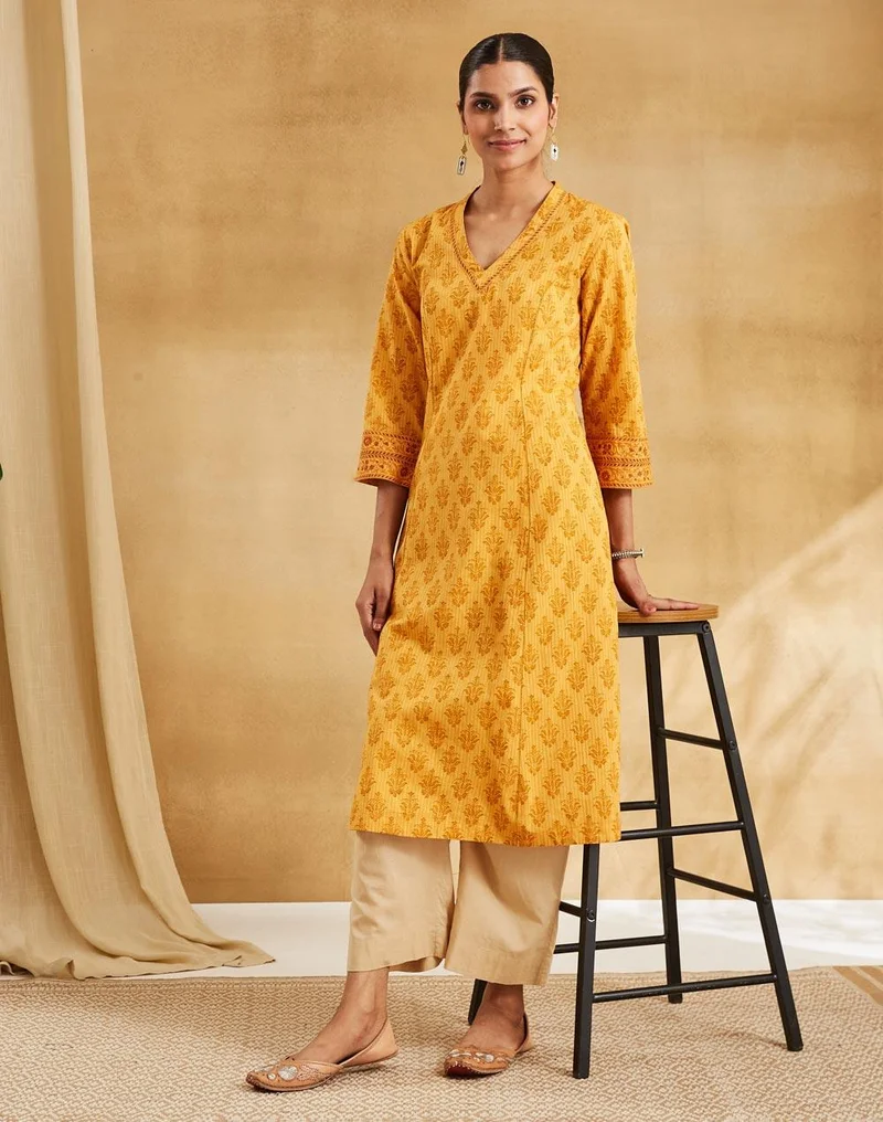 Fabindia Mustard Cotton Hand Block Print Slim Fit Long Kurta