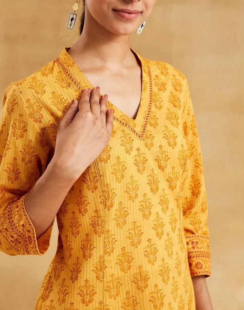 Fabindia  Mustard Cotton Hand Block Print Slim Fit Long Kurta for Women | Best Price UAE