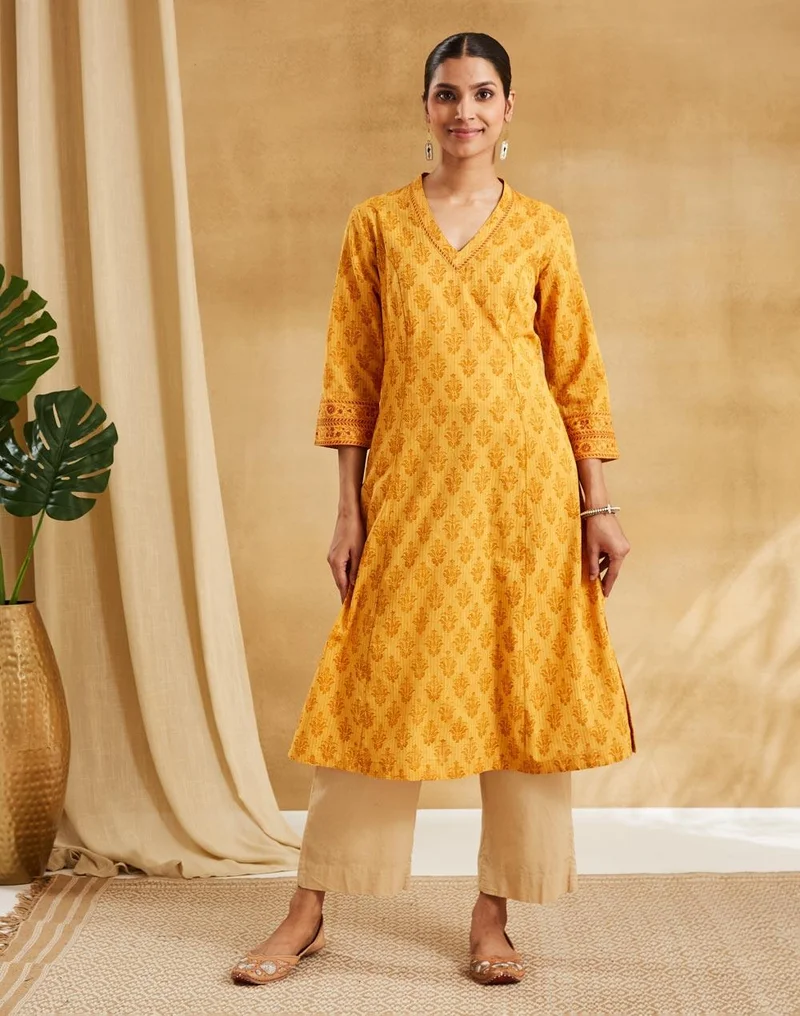 Fabindia Mustard Cotton Hand Block Print Slim Fit Long Kurta
