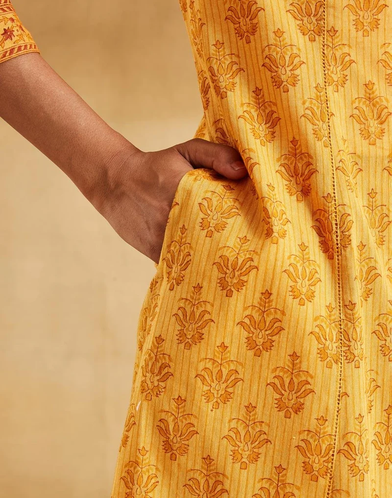 Fabindia  Mustard Cotton Hand Block Print Slim Fit Long Kurta for Women | Best Price UAE