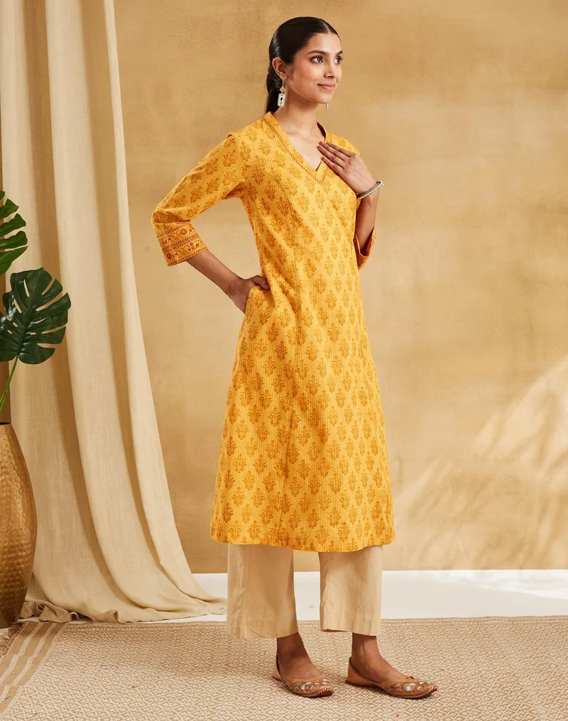 Fabindia  Mustard Cotton Hand Block Print Slim Fit Long Kurta for Women | Best Price UAE