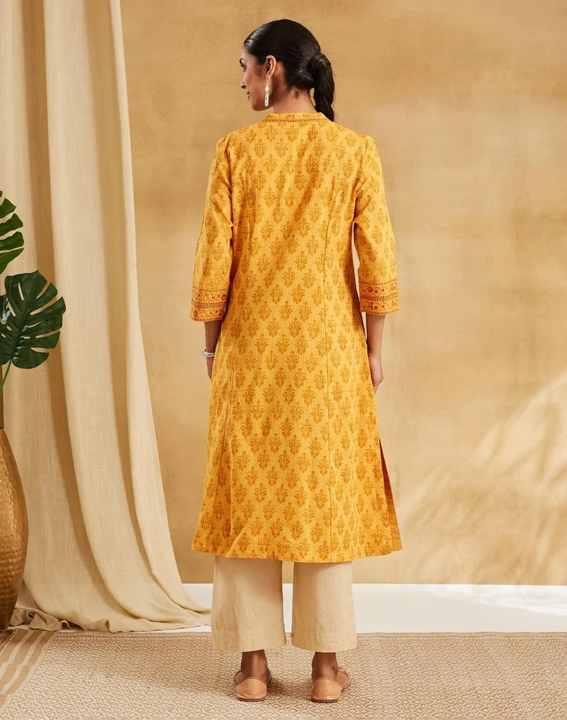 Fabindia  Mustard Cotton Hand Block Print Slim Fit Long Kurta for Women | Best Price UAE