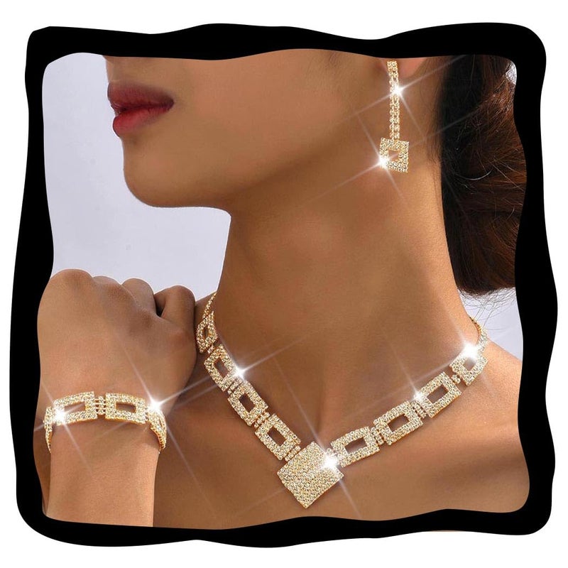 Unicra Crystal Bridal Wedding Jewelry Set Gold Rhinestone Necklace Earrings Bracelet Sets Formal Costume Jewelry for Women and Brides (Gold-3 Pack Necklace Bracelet Earrings) - Image 1
