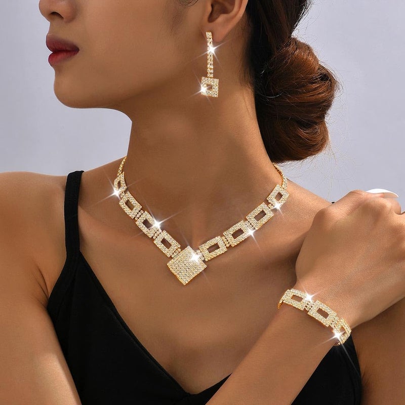 Unicra Crystal Bridal Wedding Jewelry Set Gold Rhinestone Necklace Earrings Bracelet Sets Formal Costume Jewelry for Women and Brides (Gold-3 Pack Necklace Bracelet Earrings) - Image 3