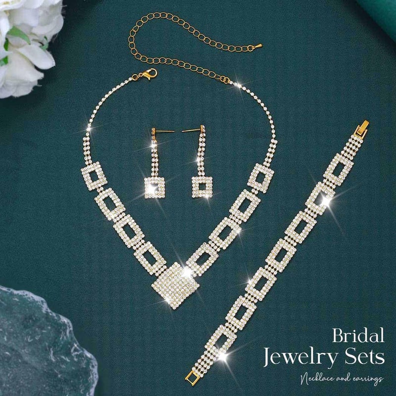 Unicra Crystal Bridal Wedding Jewelry Set Gold Rhinestone Necklace Earrings Bracelet Sets Formal Costume Jewelry for Women and Brides (Gold-3 Pack Necklace Bracelet Earrings) - Image 2