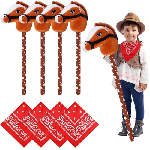 Poen 4 Pack Light Brown Horse Stick with Sound Red Bandana Set 276 Toys Stick Horse Western Cowboy Bandana Head with Neighing Sound for Boys Girls Fun Pretend Games Son Daughter - Image 1