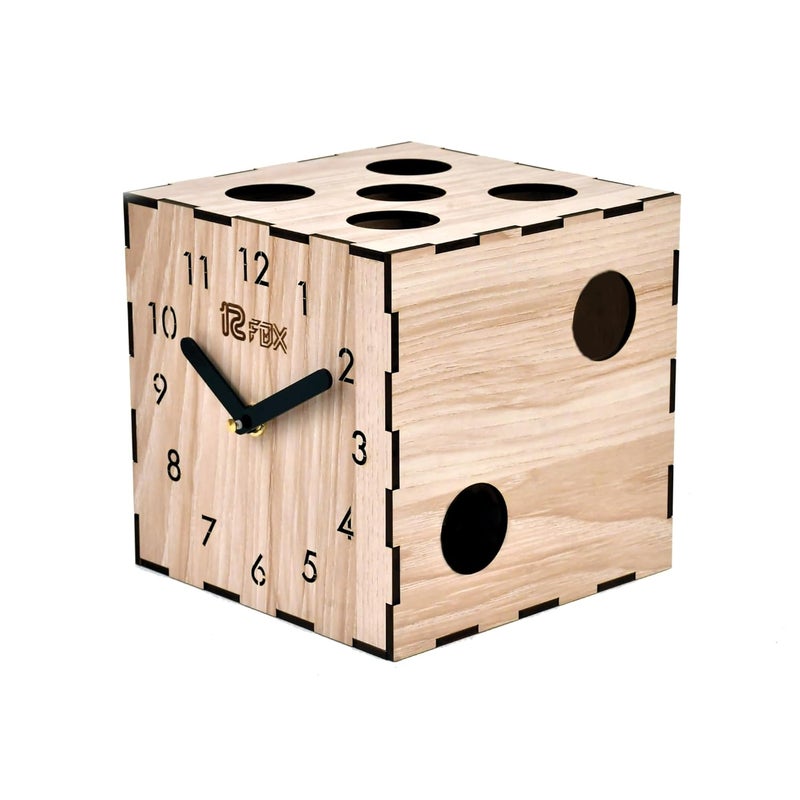 12 FOX Dice Shape Wooden Table Desk Clock for Living Room Study Room Home Decor and Gifting Made of White Beech Wood - Image 3