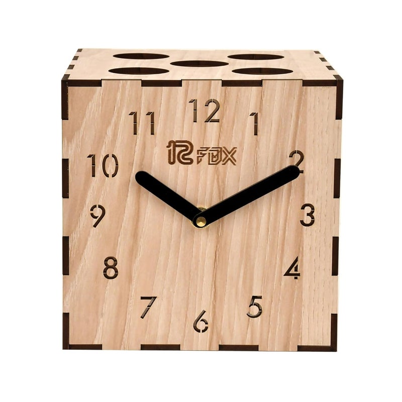 12 FOX Dice Shape Wooden Table Desk Clock for Living Room Study Room Home Decor and Gifting Made of White Beech Wood - Image 1