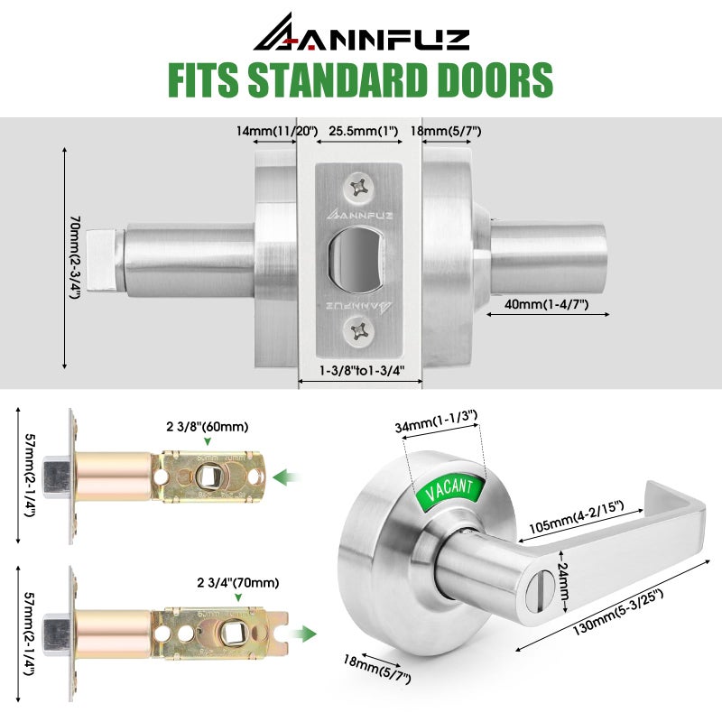 Annfuz Privacy Door Handle Lock With In-Use Or Vacant Indicator For Men/Women Restrooms,Commercial Grade,Ansi Grade 2,Bathroom Lever Door Lock,Perfect For Public Washrooms,Satin Nickel - Image 4