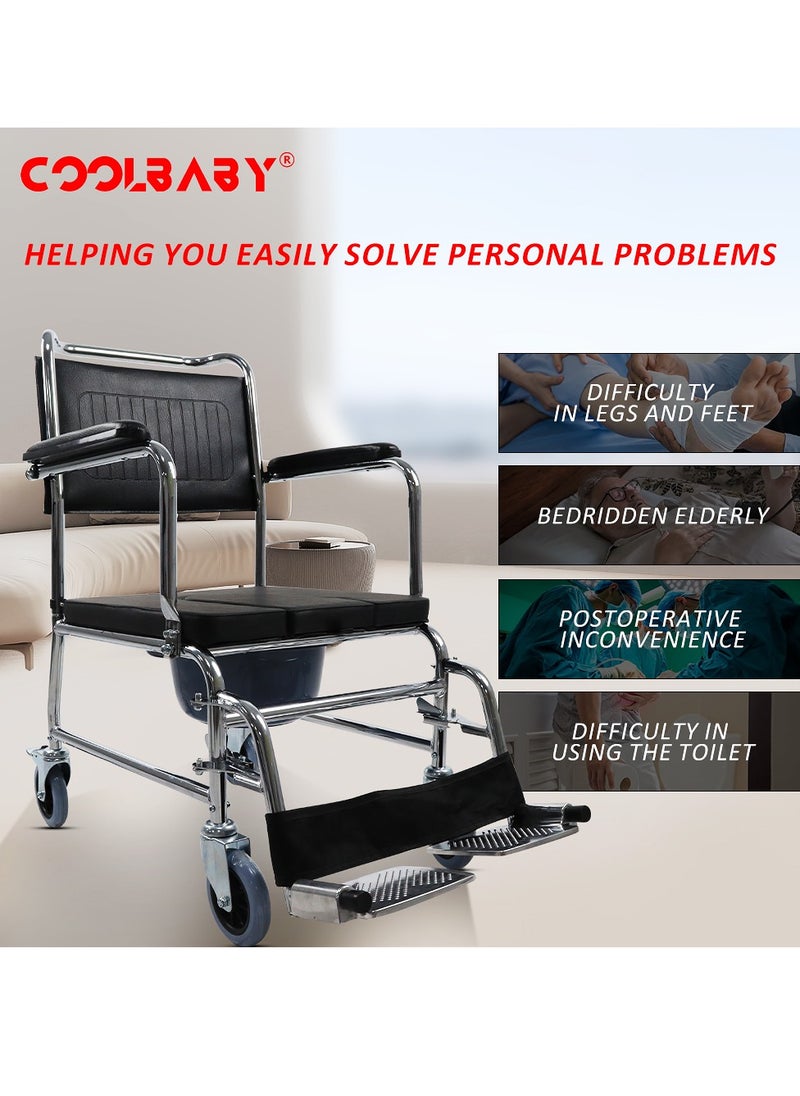 Cool Baby Style - COOLBABY  Bedside Toilet Chair 4-in-1 Shower Toilet Wheelchair Rolling Transport Chair The Armrest Can Be Lifted - Image 1