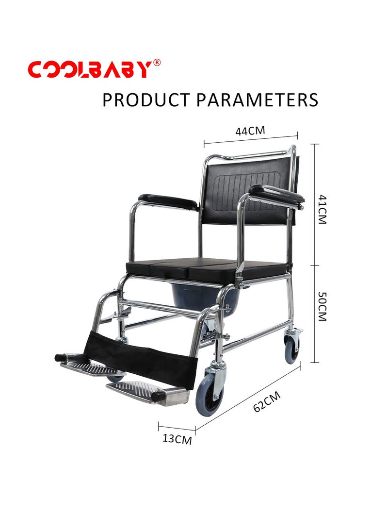 Cool Baby Style - COOLBABY  Bedside Toilet Chair 4-in-1 Shower Toilet Wheelchair Rolling Transport Chair The Armrest Can Be Lifted - Image 1