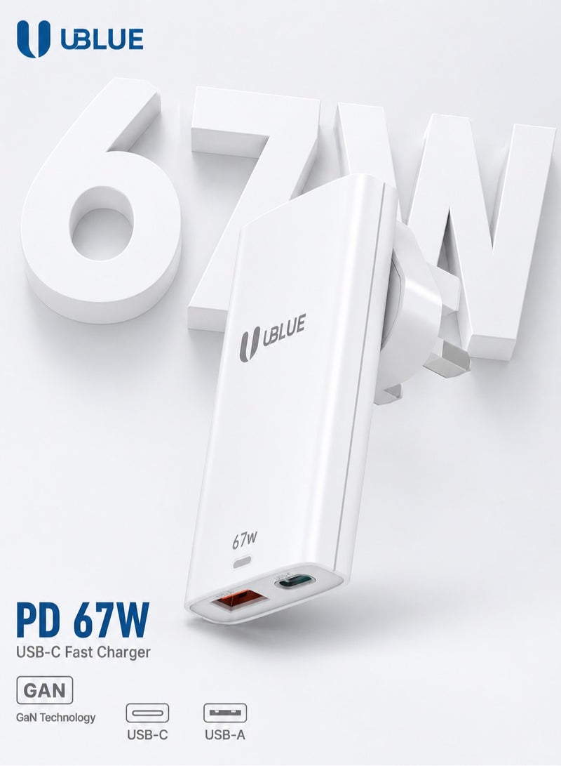 يوبلو شاحن جداري فائق النحافة من UBLUE بقوة 65 واط، منفذان (USB-C + USB-A)، يدعم الشحن السريع PD 3.0 وPPS وQC 3.0، مزود بقابس بريطاني، مقاوم للحريق V0، لون أبيض، شحن سريع - Image 1