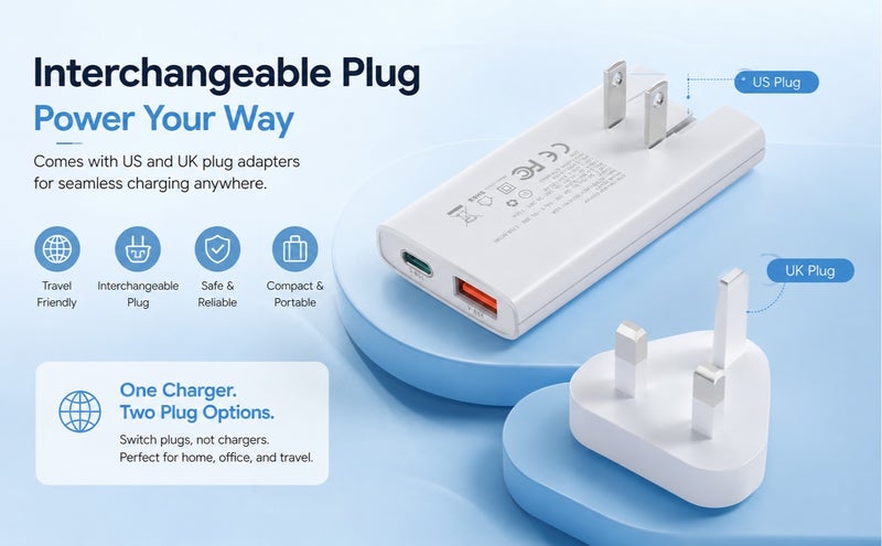 يوبلو شاحن جداري فائق النحافة من UBLUE بقوة 65 واط، منفذان (USB-C + USB-A)، يدعم الشحن السريع PD 3.0 وPPS وQC 3.0، مزود بقابس بريطاني، مقاوم للحريق V0، لون أبيض، شحن سريع - Image 4