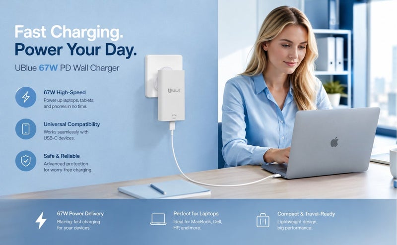 يوبلو شاحن جداري فائق النحافة من UBLUE بقوة 65 واط، منفذان (USB-C + USB-A)، يدعم الشحن السريع PD 3.0 وPPS وQC 3.0، مزود بقابس بريطاني، مقاوم للحريق V0، لون أبيض، شحن سريع - Image 3