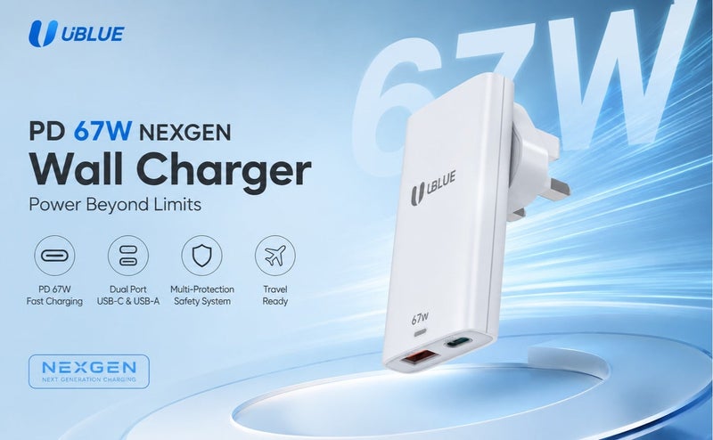 يوبلو شاحن جداري فائق النحافة من UBLUE بقوة 65 واط، منفذان (USB-C + USB-A)، يدعم الشحن السريع PD 3.0 وPPS وQC 3.0، مزود بقابس بريطاني، مقاوم للحريق V0، لون أبيض، شحن سريع - Image 2