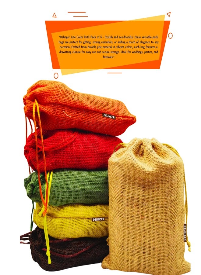 Delinger Jute Drawstring Potli Bags Multi-Color 5x6 Inch Set of 6 – Durable Pouches for Gifting, Jewelry, Party Favors, Wedding Return Gifts, Diwali Hampers, and Festive Packaging - Image 5