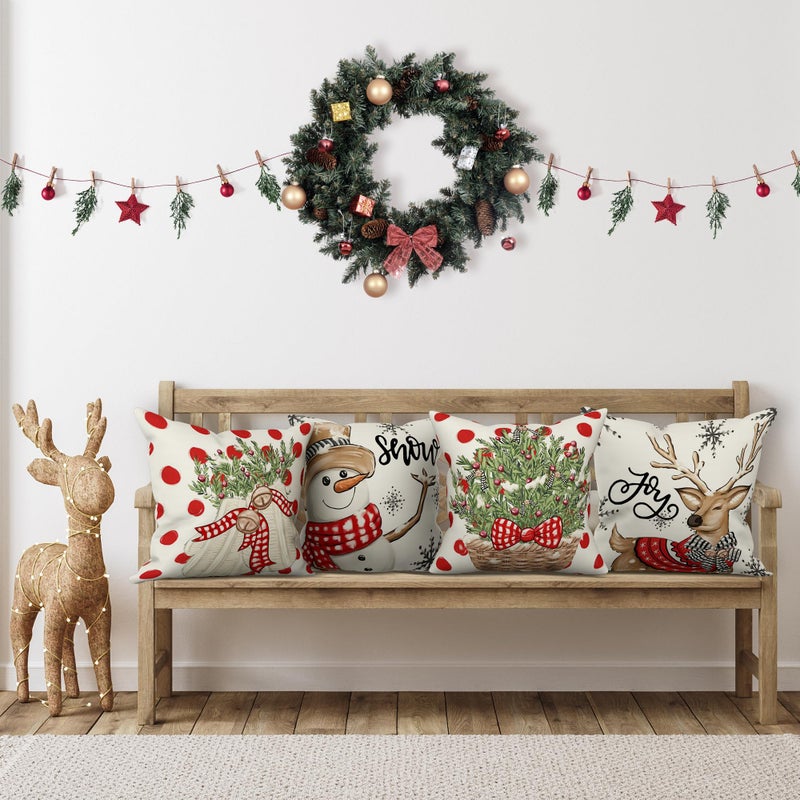 LITIVY LITIVY Christmas Decor Pillow Covers Set of 4 Decorative Throw Pillowcase for Winter Xmas Holiday Home Decor for Sofa Couch (Christmas Tree Snowman Gloves Deer) (18""x18""  Red)  - Image 2