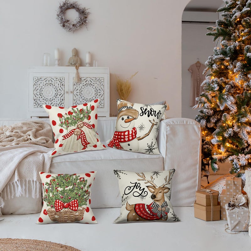 LITIVY LITIVY Christmas Decor Pillow Covers Set of 4 Decorative Throw Pillowcase for Winter Xmas Holiday Home Decor for Sofa Couch (Christmas Tree Snowman Gloves Deer) (18""x18""  Red)  - Image 3