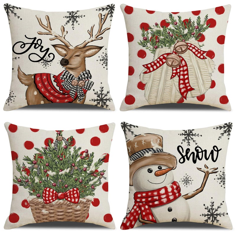 LITIVY LITIVY Christmas Decor Pillow Covers Set of 4 Decorative Throw Pillowcase for Winter Xmas Holiday Home Decor for Sofa Couch (Christmas Tree Snowman Gloves Deer) (18""x18""  Red)  - Image 1