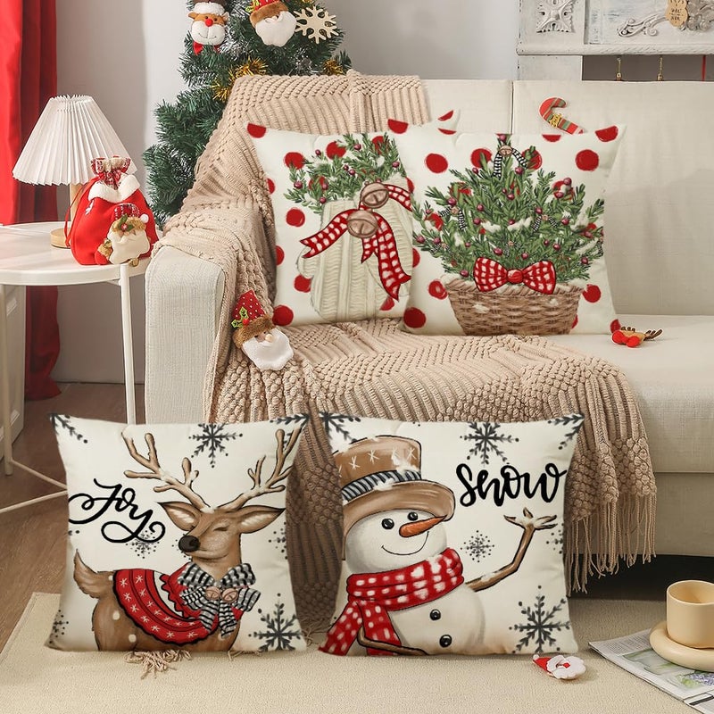 LITIVY LITIVY Christmas Decor Pillow Covers Set of 4 Decorative Throw Pillowcase for Winter Xmas Holiday Home Decor for Sofa Couch (Christmas Tree Snowman Gloves Deer) (18""x18""  Red)  - Image 5